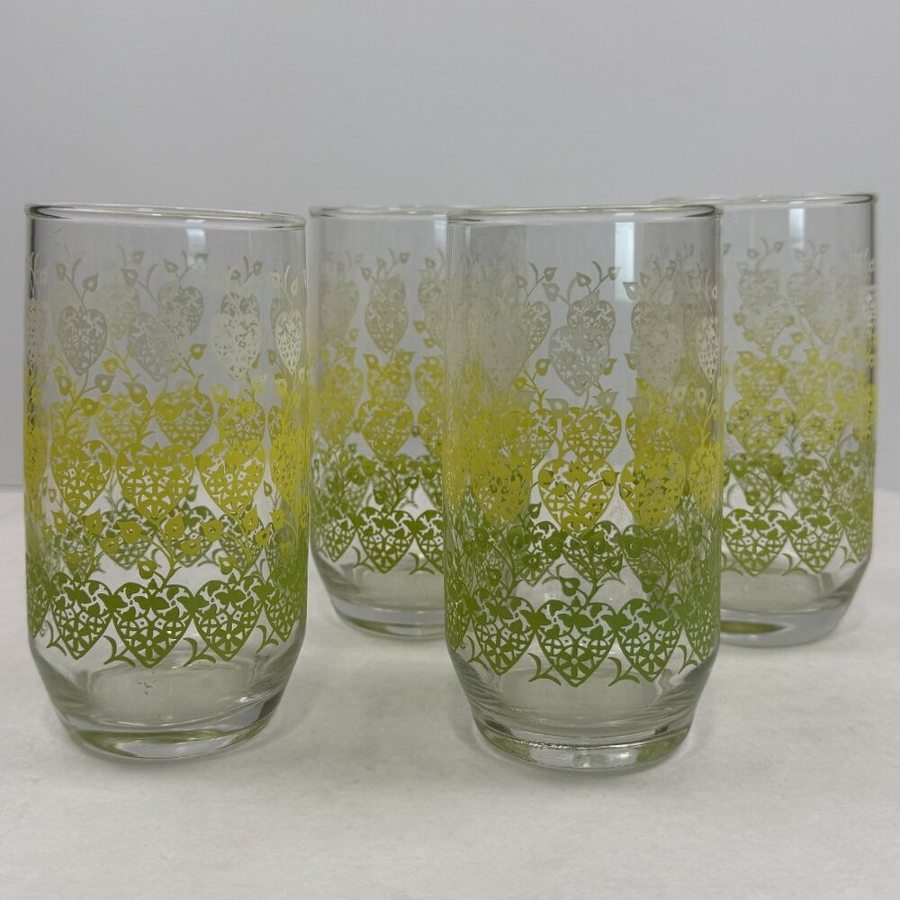 Set Of 4 Vintage Green Yellow Ombre Hearts and Vines Glass Tumblers 12 oz MCM - Picture 1 of 9